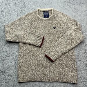 American Eagle Marl Knit Sweater Mens M Beige Athletic Fit Wool Blend Chunky